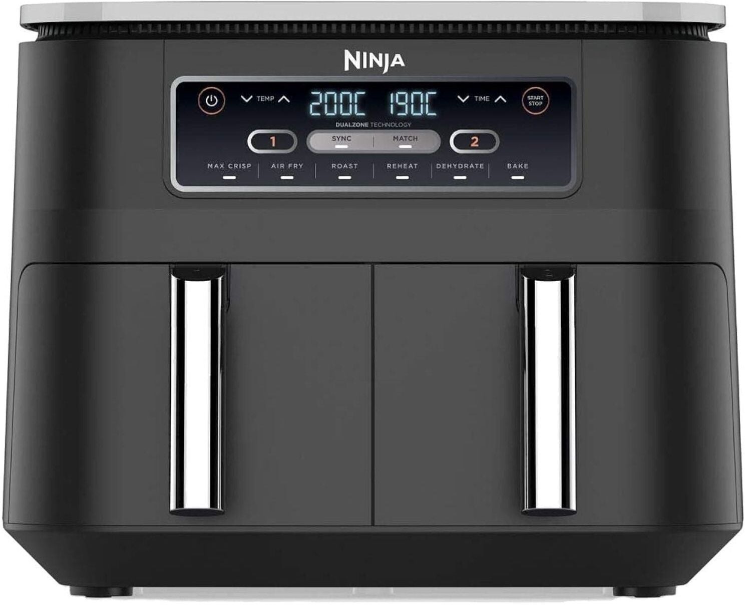 Ninja Foodi Dual Zone Digital Air Fryer, 2 Drawers, 7.6L, 6-in-1 Cooks 4-6 Portions, Non-Stick, Dishwasher Safe Baskets, Black, New/damaged box