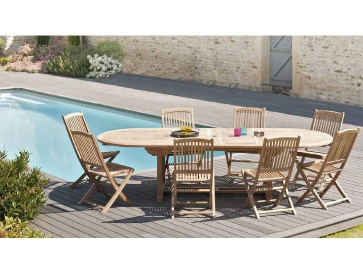 FUN - Ensemble de jardin 10/12 pers. table / 8 chaises bois teck