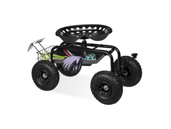 Relaxdays fahrbarer Gartensitz, höhenverstellbar, 150 kg, Stauraum, Rollsitz Gartenarbeit, Stahl, Luftreifen, Farbwahl