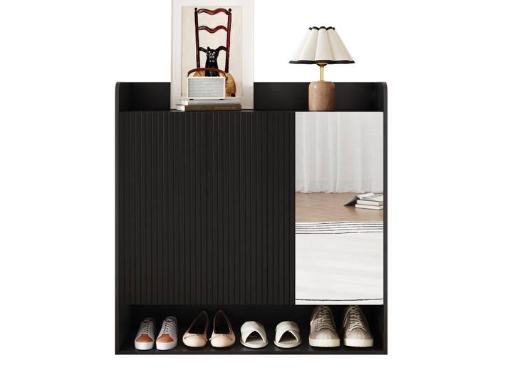 Flieks Schuhschrank Schwarz gestreift Spiegel Mehrstöckig groß Stauraum, 110x110x35.5 cm, Garderobe, Schuhaufbewahrung, Schuhkipper