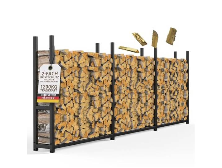 Kaminholzregal aussen Metall 335x25x115cm verzinkte Stapelhilfe schwarz Brennholz 25 cm tief, schmal, lang, für 25cm und 33cm Feuerholz Garten XXL Holzstapelhilfe Holzregal Outdoor