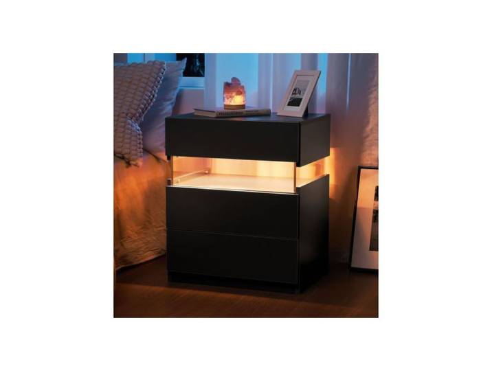 Table de nuit LED - MUVOE - Noir - 3 tiroirs - Panneau acrylique - Éclairage multicolore