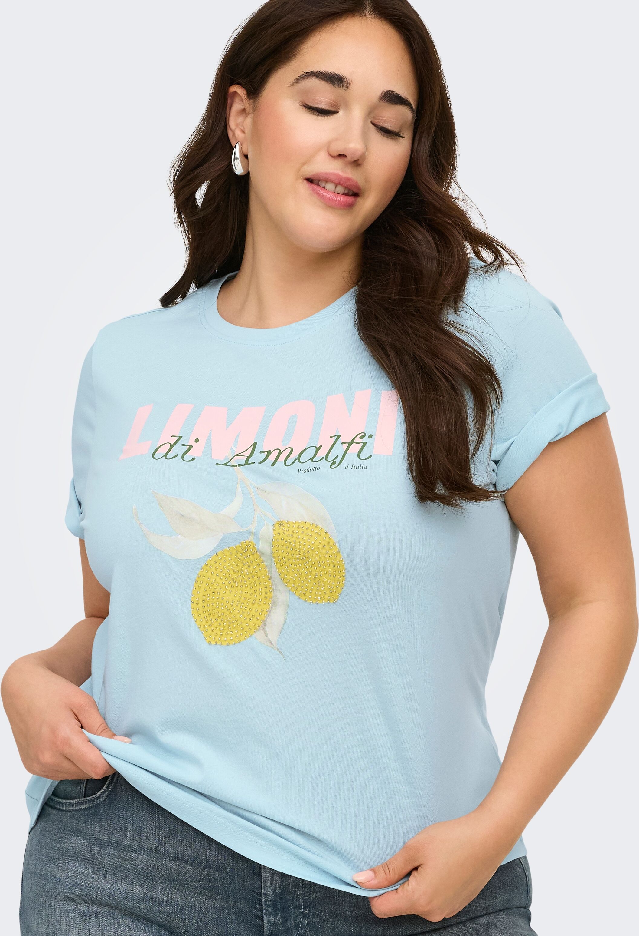 Kurzarmshirt ONLY CARMAKOMA "CARKITA LIFE S/S PEARL TOP JRS", Damen, Gr. S, winter sky print:limoni de amalfi, Jersey, Obermaterial: 100% Baumwolle, bedruckt, normal, Rundhals, Shirts Kurzarmshirt winter sky print:limoni de amalfi S