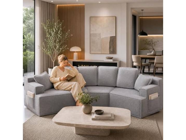 COMHOMA Sofa, modulares Schlafsofa, Polstersofa, 3-Sitzer Sofa, Flexible Sektionscouch,mit Aufbewahrungstasche, Couch mit schlaffunktion, Keine Montage erforderlich, Sherpa-Kunstfell-Bezug, Grau