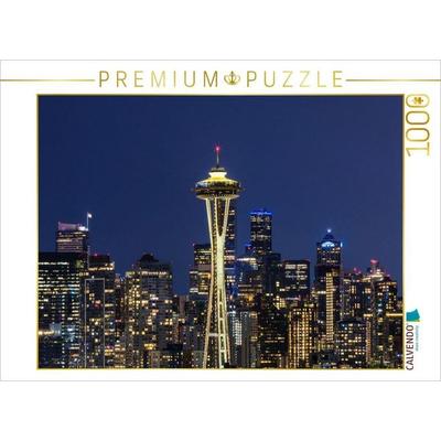 CALVENDO Puzzle Atemberaubende Panorama Skyline von Seattle zur blauen Stunde | 1000 Teile Lege-Größe 64x48cm Foto-Puzzle für glückliche Stunden
