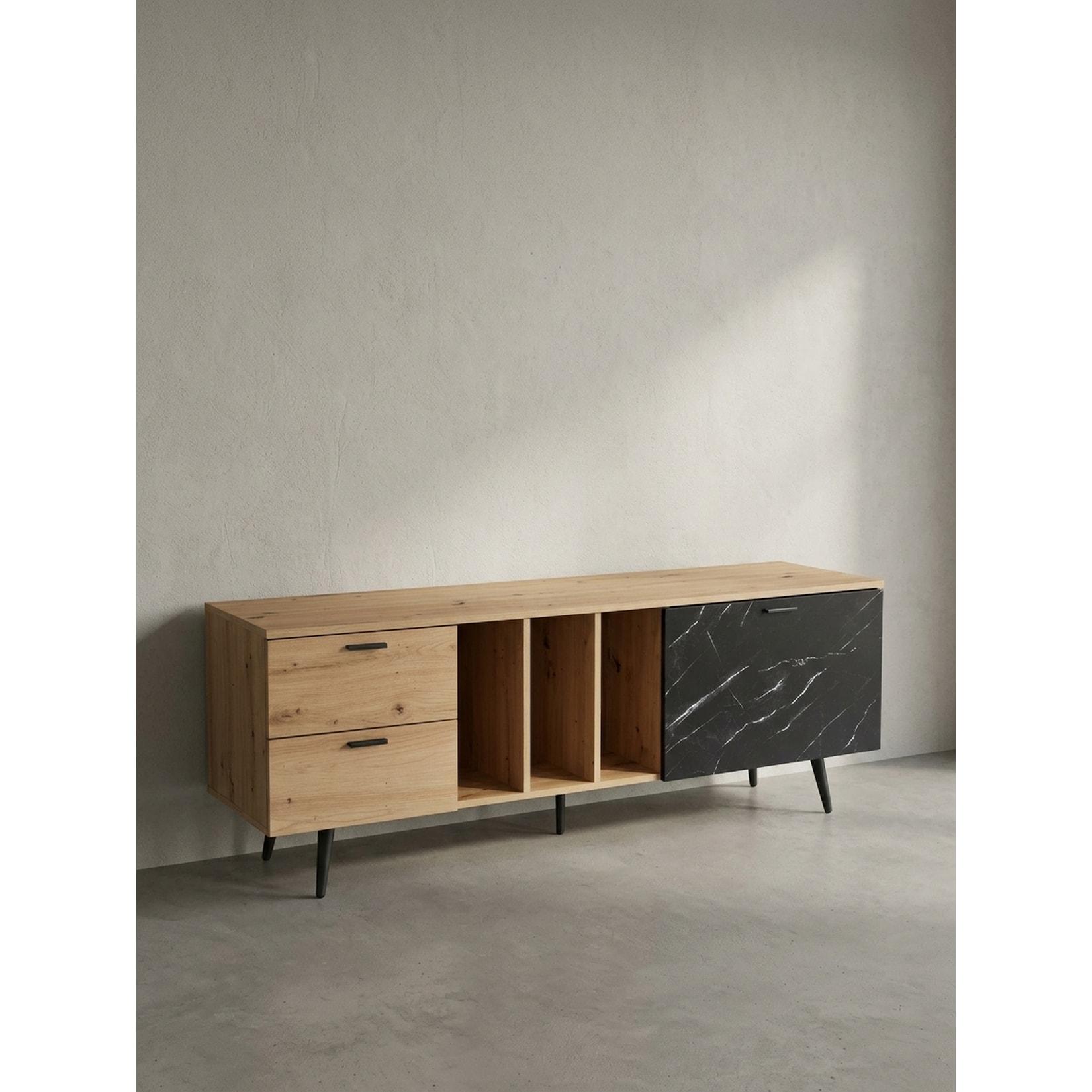 TV-Lowboard mit Eiche-Dekor, Tür und Schubladen, kompakte Aufteilung, Braun-Schwarz/Marmoroptik 150x40x55 cm