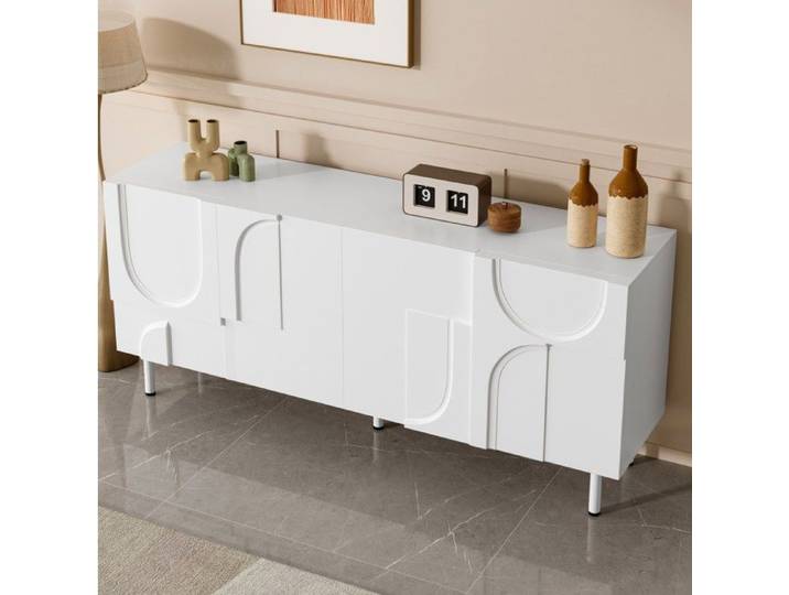ROVRYN Buffet bas 160 cm blanc design geometrique 4 portes MDF et panneaux de particules