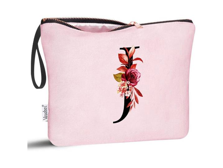 Kulturbeutel mit Initial J und Blumenprint Pink, Rosa, 5x16x24 cm, Badaccessoires, Kosmetikdosen