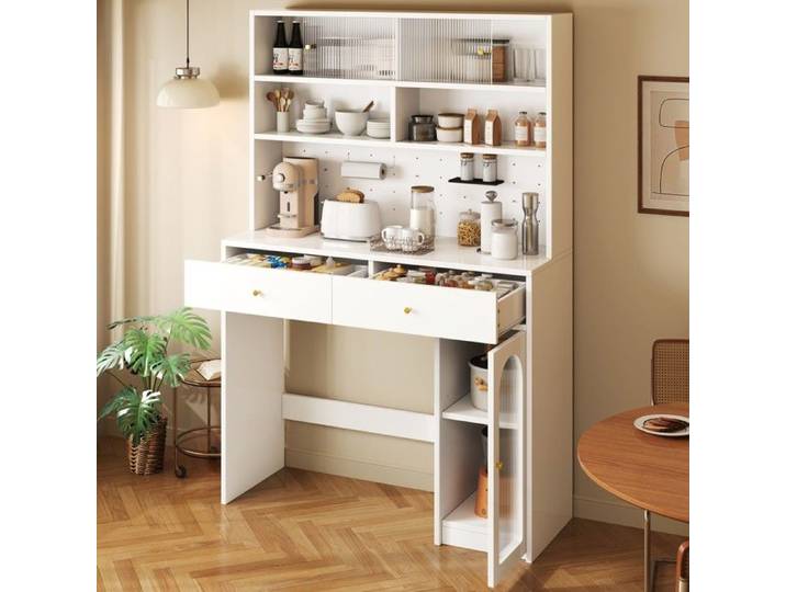 Armoire de cuisine blanc plan de travail sideboard armoire haute bar intégrée patère 2 tiroirs rangement ouvert meuble