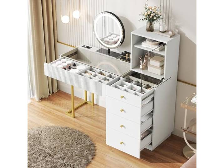 BTM Schminktisch-Set mit LED-Beleuchtungsspiegel, gehärteter Glasplatte, 5 Schubladen und 1 Schrank; weiß, Maße: B120 x T40 x H120 cm
