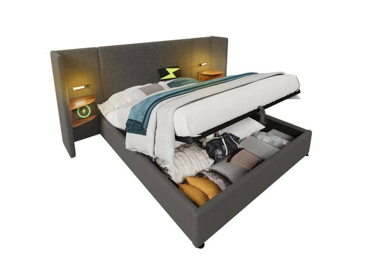 Okwish Polsterbett 160/200 cm Grau mit Nachttisch und USB-Ladefunktion, 160x200 cm, Schlafzimmer, Betten, Polsterbetten