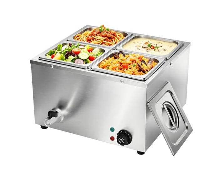 TAIMIKO Bain Marie électrique Professionnel avec Robinet Chauffe-Plat 4x1/6 Acier Inoxydable Cuiseur pour Chocolat Fondoir 220V Chauffe-Plats Professionnel Commercial avec 4 x 1/6 Casseroles