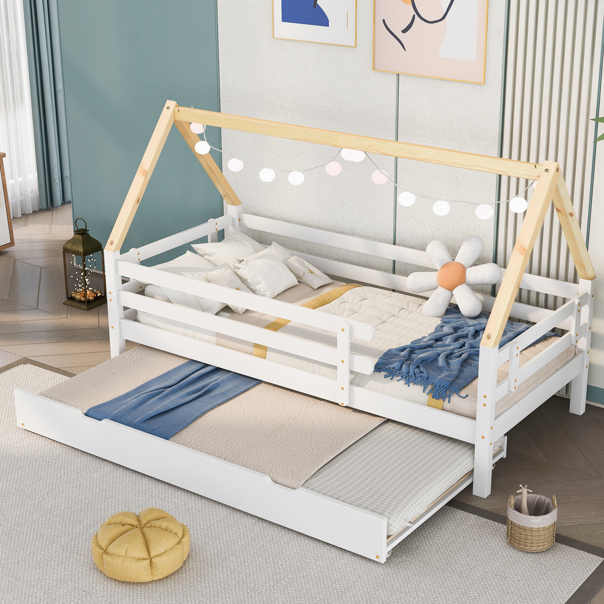 okwish Baumhausbett 200x90cm Chaiselongue, Einzelbett, Kinderbett, Ausziehbett, Schiebebett mit Rollen an der Unterseite, Massivholz, weißes Bett, naturfarbene Dachstühle (mit Matratze)