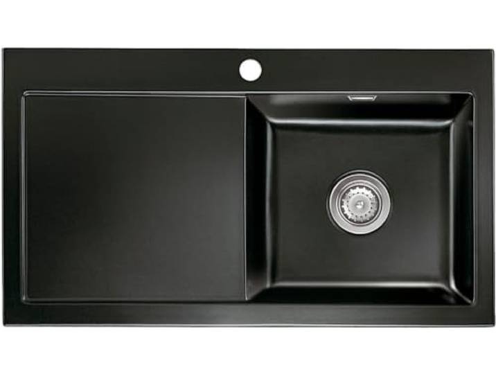 Flächenbündige Spüle MERA 90 F in NERO mit Becken rechts und Handbetätigung