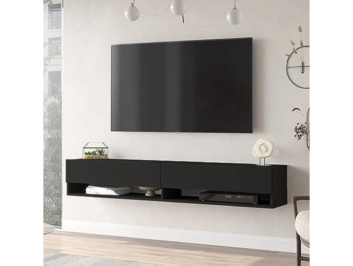 [en.casa] TV Board Laitila TV Schrank mit 2 Ablagen 2 Schranktüren Lowboard Fernsehtisch 180 x 31,5 x 29,5 cm Sideboard hängend Schwarz