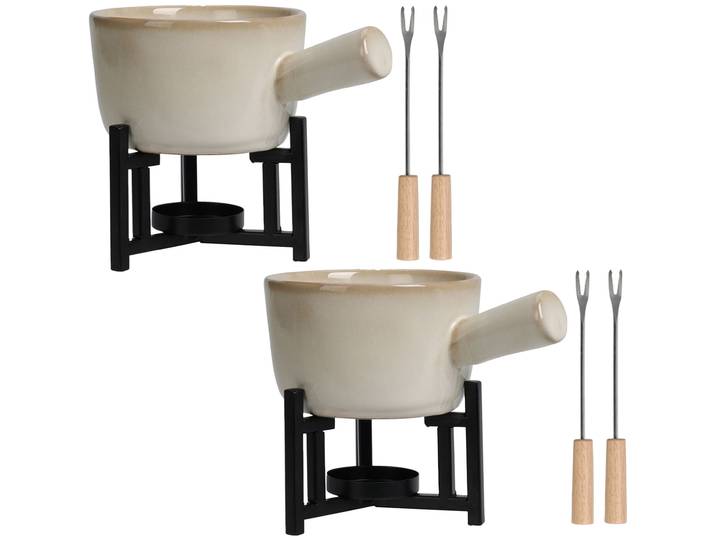 2er-Set Fondue-Set aus Porzellan für 1-2 Personen, inkl. 2 Fonduegabeln