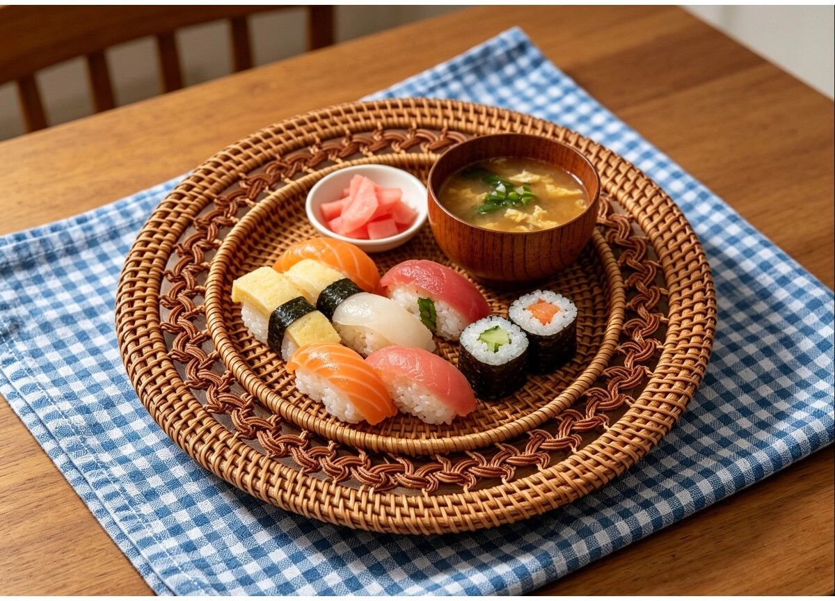 INF Handgewebtes rundes Rattan-Tablett - Naturholzfarbe, atmungsaktives Ablaufflächen-Design, chinesischer Knoten im nordischen