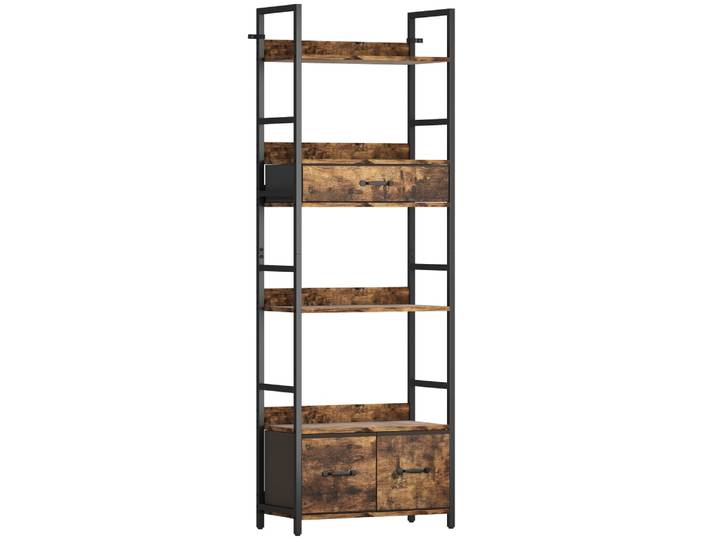 Bibliothèque 6 niveaux 4 étagères 3 tiroirs cadre métal brun rustique