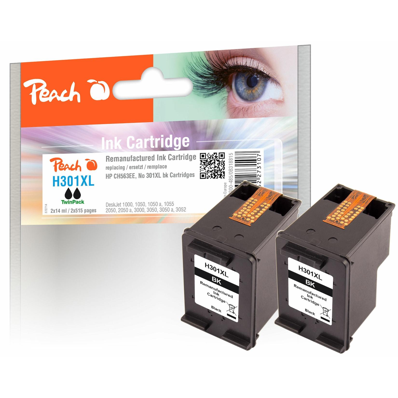 Peach HP 301 XLbk 2 Druckköpfe XL 2*bk ersetzt HP No. 301XL bk*2, D8J45AE für z.B. HP OfficeJet 4634, HP DeskJet 1000, HP DeskJet 1010, HP DeskJet 1050 (wiederaufbereitet)