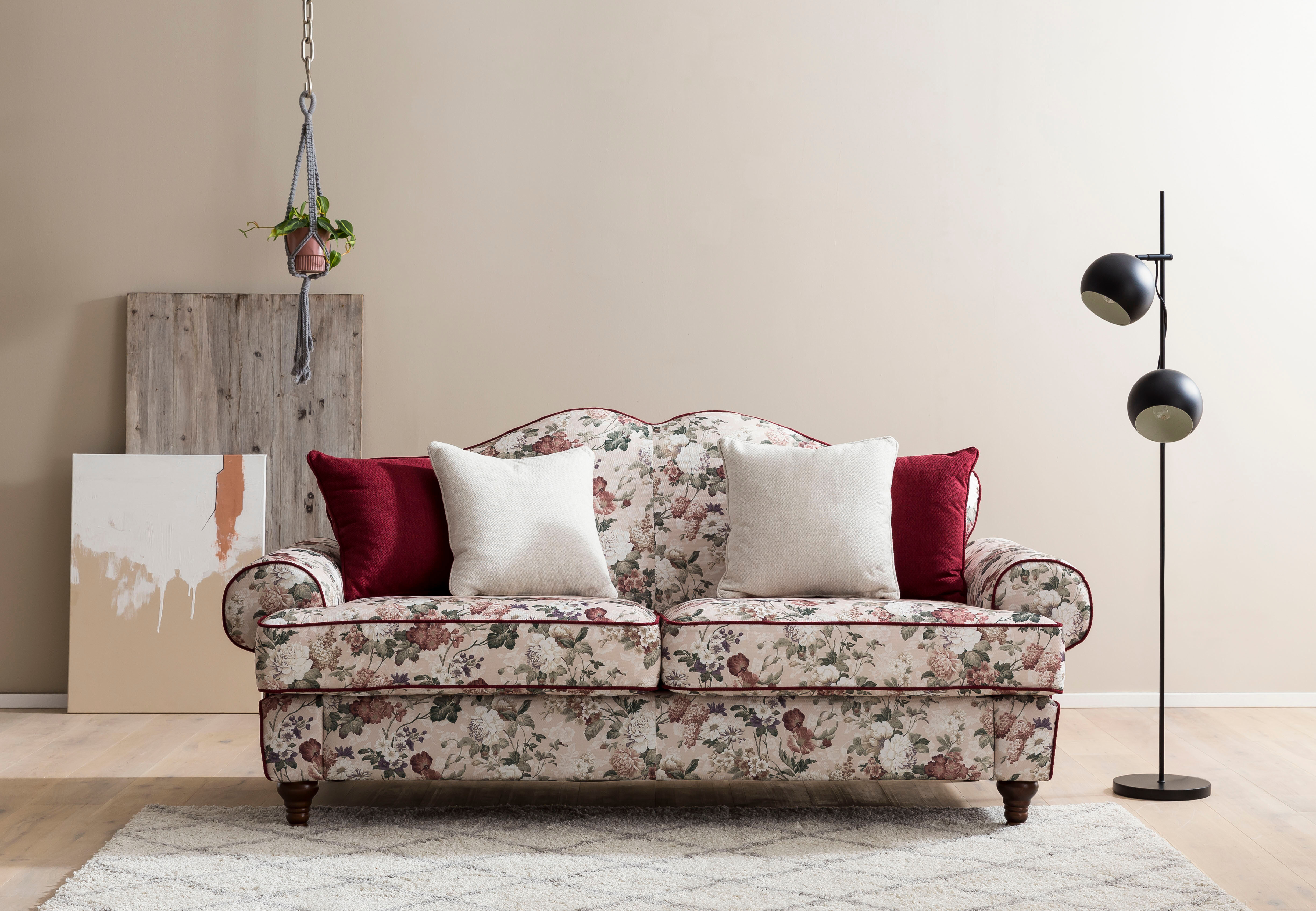 3-Sitzer HOME AFFAIRE, bunt (amber paradise), B:200cm H:96cm T:90cm, 100% PES, Sofas, 3-Sitzer, mit 4 Zierkissen, mit gedrechselten Füssen aus Holz amber paradise B/H/T: 200cm x 96cm x 90cm, Flachgewebe