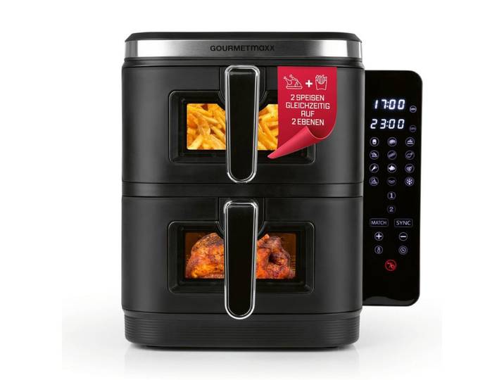 GOURMETmaxx Heißluftfritteuse FryUp Vertikale Doppelkammer-Heißluftfritteuse, 10 l - Touchscreen, Sichtfenster, 2800 W, Power von 2 Fritteusen in einem mit Sichtfenster 12 Programme