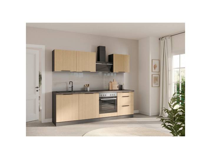 Held Küchenleerblock Glasgow, Graphit, Eiche, 3 Schublade(n) Schubladen, seitenverkehrt montierbar, nur wie online abgebildet bestellbar, 240 cm, Made in Germany, höhenverstellbare Füße, rechts aufbaubar, links aufbaubar, Küchen, Küchenzeilen & Küchenblöcke, Küchenzeilen ohne Geräte