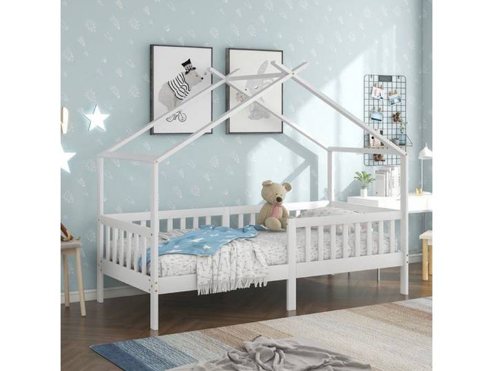 Lit d'enfant - Cabane 90x200 - Pin Massif FSC - Toit Triangle - Sécurité EN747 - Blanc