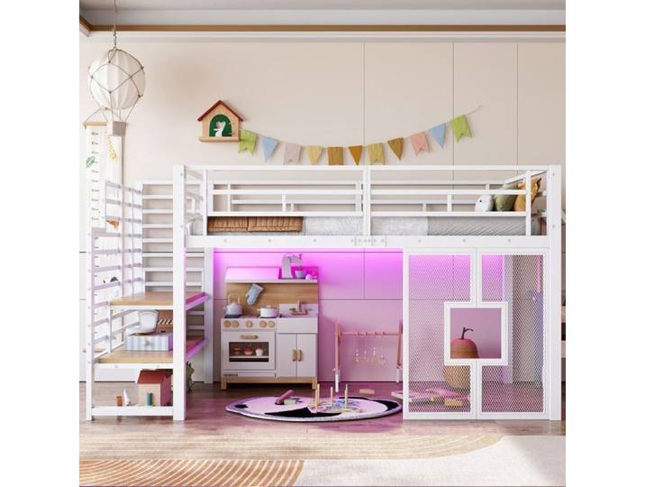 Luscriate - Lit mezzanine 90x200cm Lit métal avec LED escalier rangement fenêtres enfant chambre - blanc