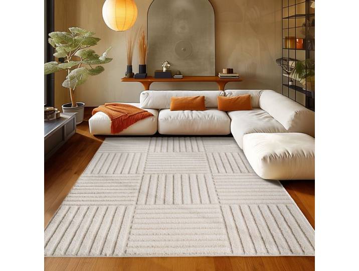 Teppium Tapis salon 280x370 cm Crème shaggy shaggy doux motif carreaux effet relief doux design scandinave bohème moderne
