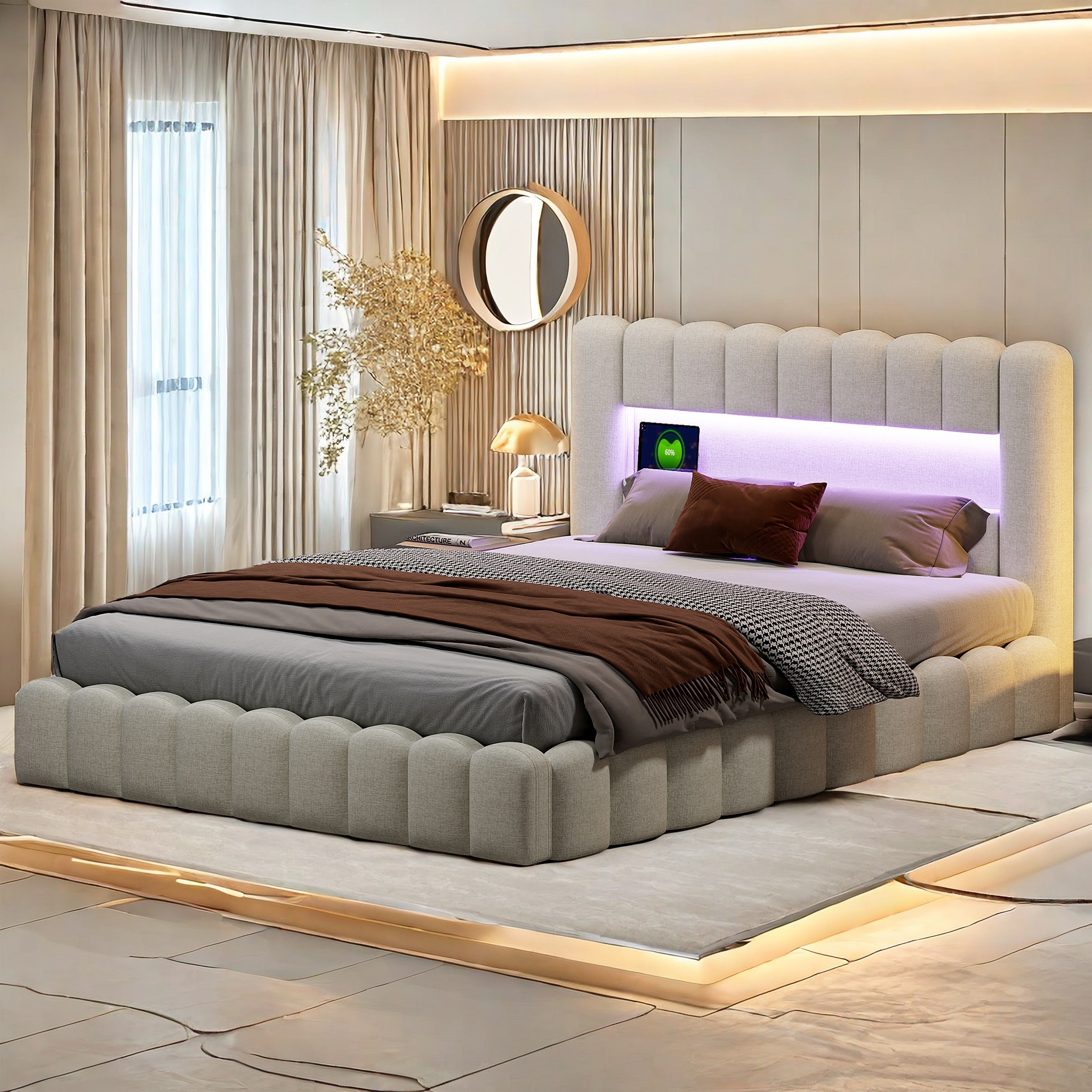 Moonbite Bettkasten King 180x200 cm Leinen LED Kapiton Stauraum - 180 Königliche Latten
