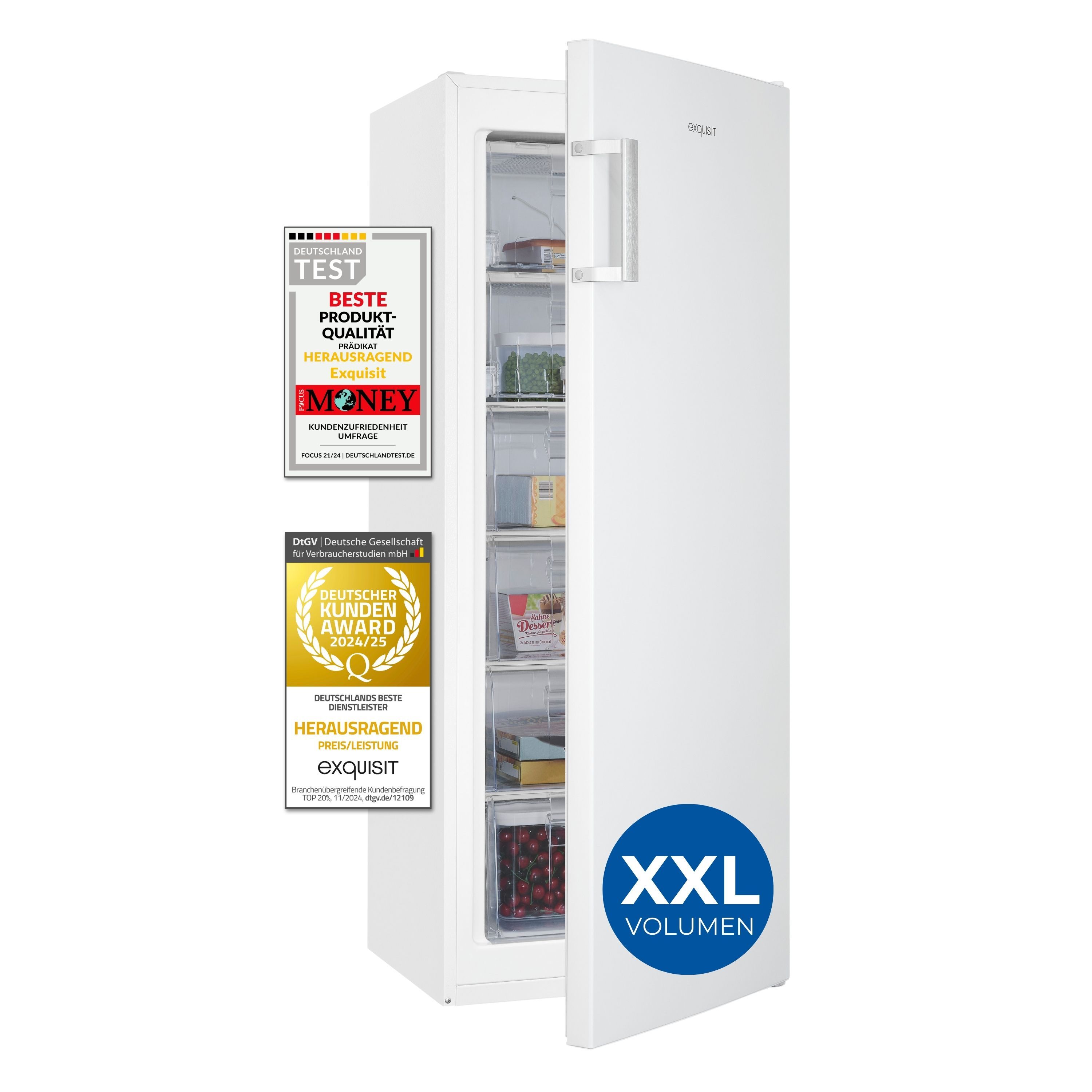 Exquisit Gefierschrank, Tiefkühlschrank, 177 Liter, 4 Gefrierschubladen, 2 Gefrierfächer, 4-Sterne-Gefrieren, GS230-H-050D weiss