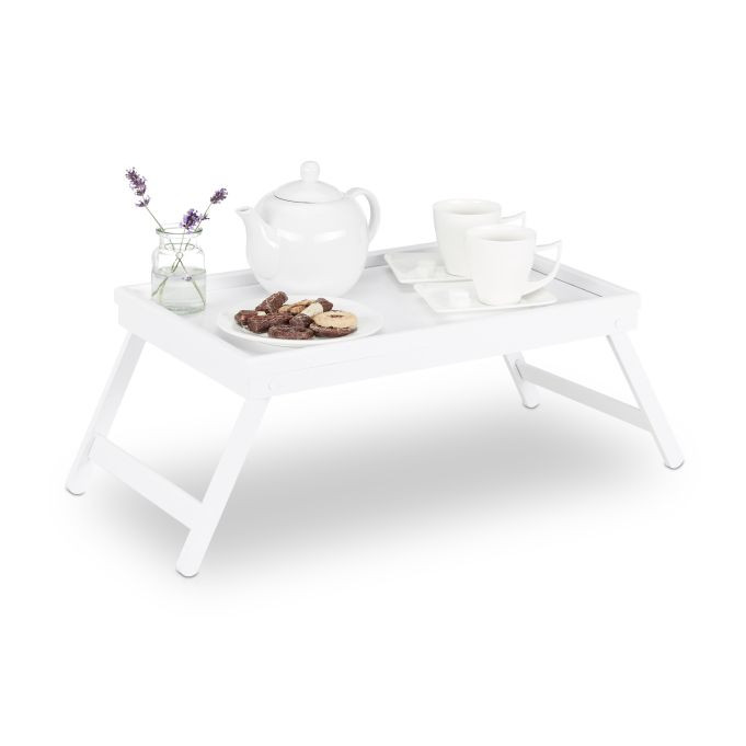 Relaxdays Bedtafel van bamboe met inklapbaar blad en verhoogde rand, wit