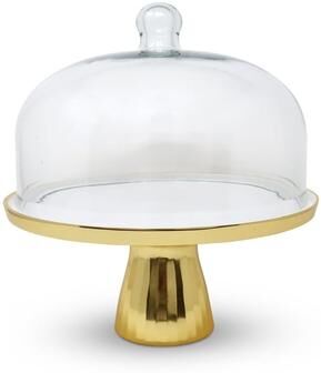 Vivience Gold Cake Stand with White Interior and Glass Dome