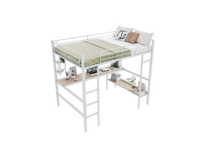 Flieks Hochbett Kinderbett Metallbett Etagenbett mit Schreibtisch & Regalen 140x200cm