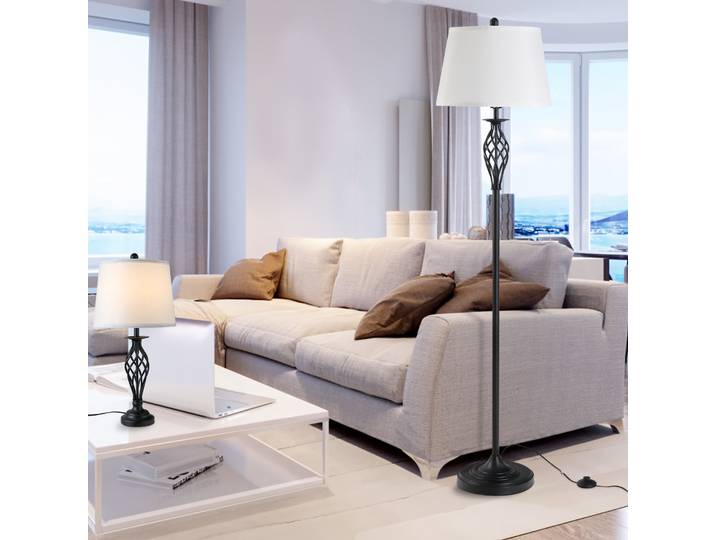 HOMCOM Lot de 3 luminaires design contemporain - lampadaire sur pied + 2 lampes de tables - métal noir polyester coton blanc