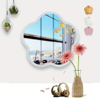 Fusion Finds Cute Flower Wall Mirror Acrylic Wooden Decorative Mirror For Kids Room, Dorm & Vanity Wall white