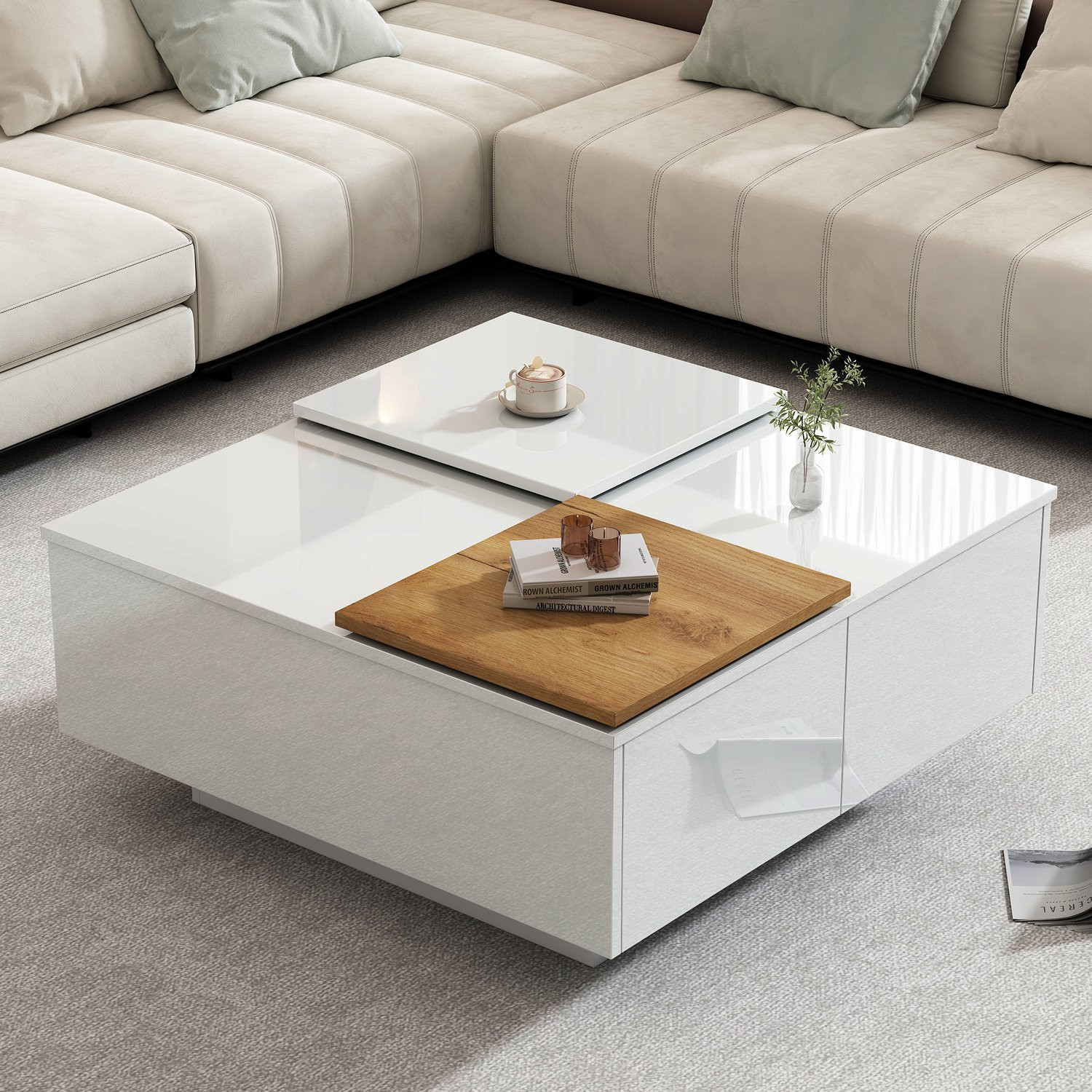 Komhtom Moderne Witte Hoogglans Houten Vierkante Salontafel met Verschuifbaar Tafelblad en Opbergvlak