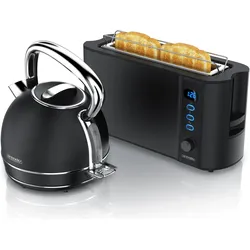 Arendo Frühstücks Set Edelstahl Wasserkocher 1,7l Vintage-Look & 2-Scheiben Langschlitz Toaster, Schwarz, Wasserkocher, Schwarz
