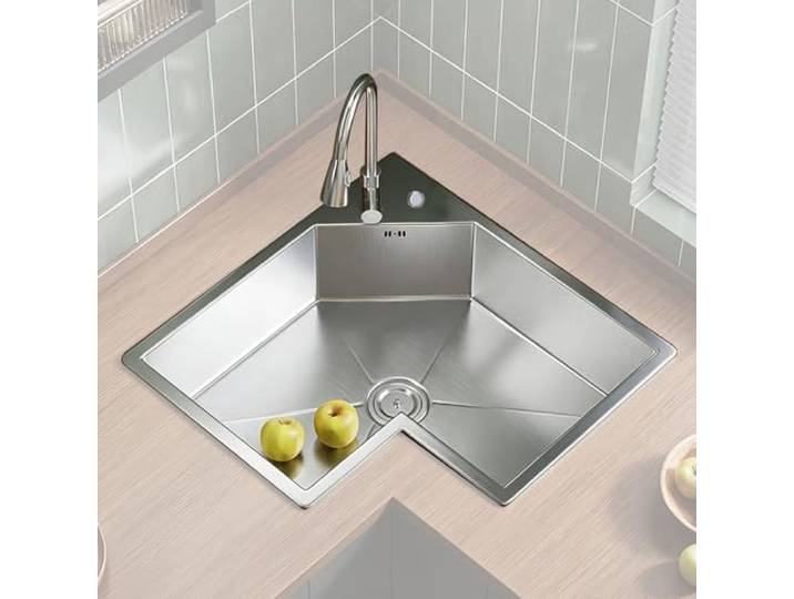 Eckspüle Küche aus Edelstahl 304, Einbauspüle mit Auszieharmatur und Ablaufgarnitur, Geeignet für Den Privaten und Gewerblichen Gebrauch(Silver,70x70cm/27.6x27.6in)