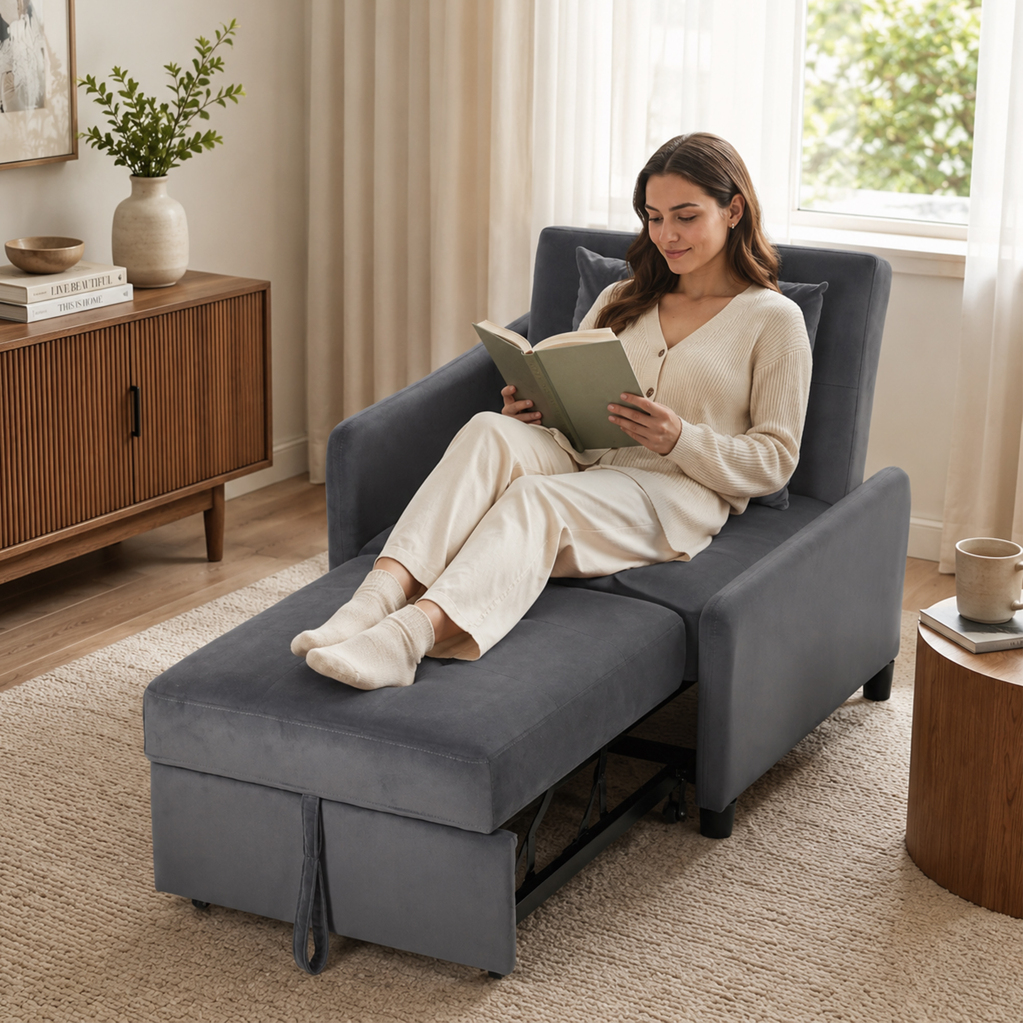 Homcom Poltrona Letto Singolo 4 in 1 Estraibile a Trapuntato, Reclinabile, in Velluto, Grigio Scuro   Aosom Italy