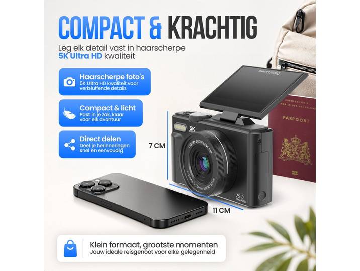 Strex Digitale Camera 5K 75MP - Compactcamera - 18x Zoom - Draaibaar Scherm - Zwart