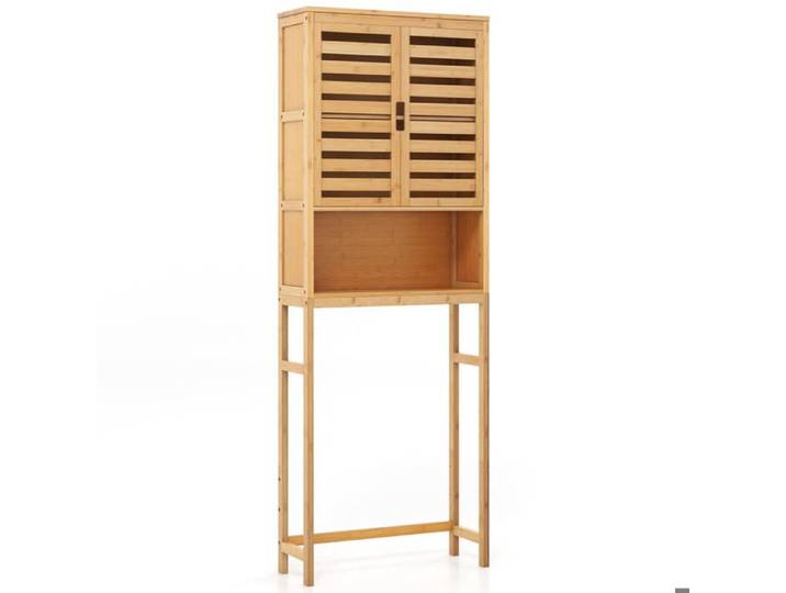 Bambou Naturel Meuble Dessus WC Rangement avec Placard et Étagère pour Salle de Bain et Toilettes 62x23x170cm
