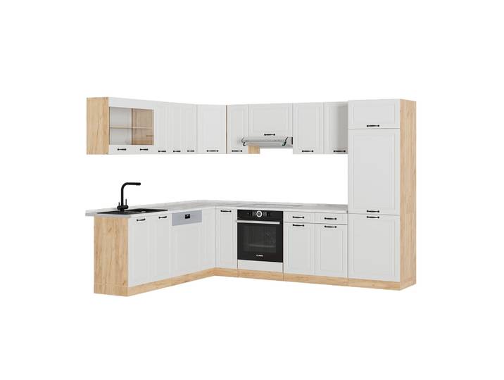 Cuisine en angle pt marbre blanc campagnard 287x81,6cm