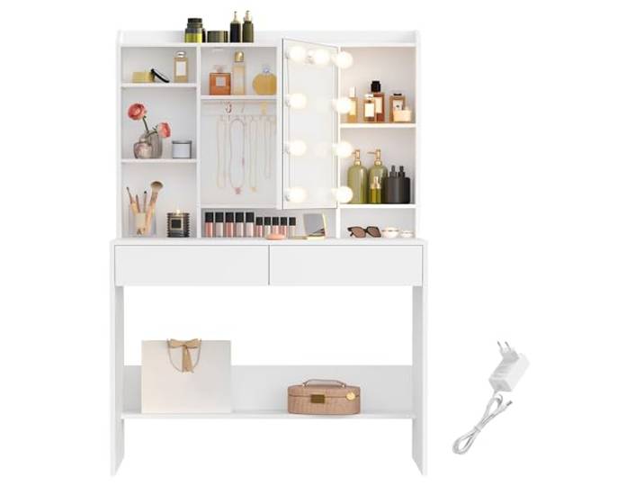 VASAGLE Schminktisch mit Beleuchtung, Spiegel, 2 Schubladen Frisiertisch, 3 Farben mit einstellbarer Helligkeit, mit verstellbaren Ablagen, Wolkenweiß, KAILYN Kollektion RDT126W01