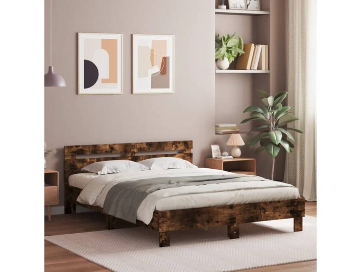 vidaXL Bettgestell mit Kopfteil LED-Beleuchtung Räuchereiche 150x200cm