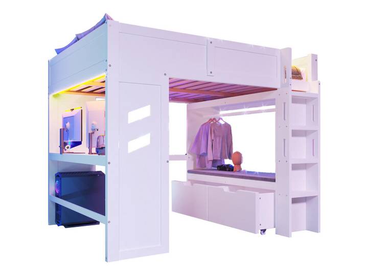 Modfu Hochbett aus Kiefernholz 140x200 cm Weiß mit Schreibtisch, Led, Usb-C, 2 Schubladen und Wäschestange, 140x200 cm, Babymöbel & Kindermöbel, Kinderzimmer & Jugendzimmer, Kinderbetten, Hochbetten