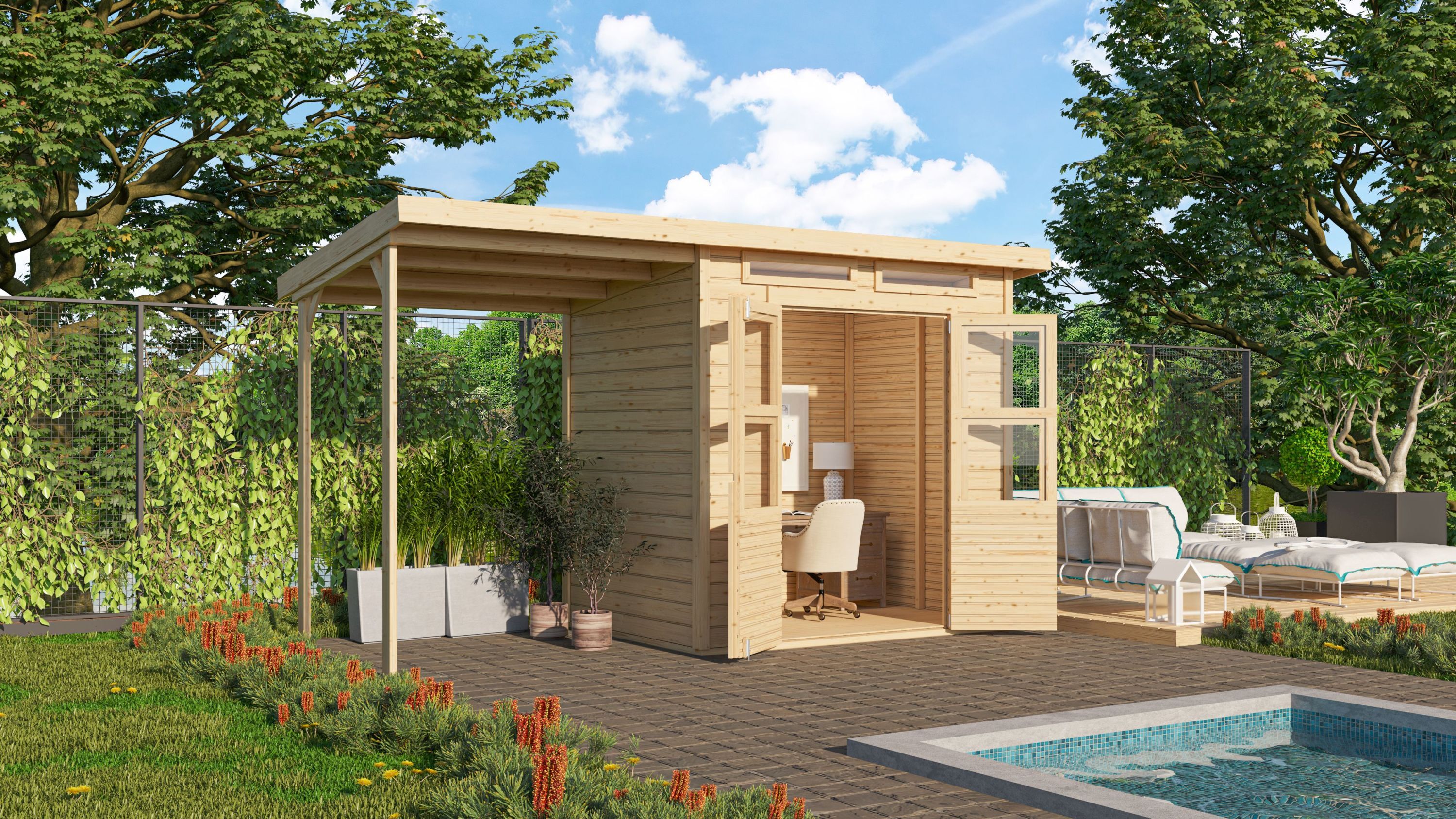 Karibu Gartenhaus "Kano 3" SET naturbelassen mit Anbaudach, Dachbahn