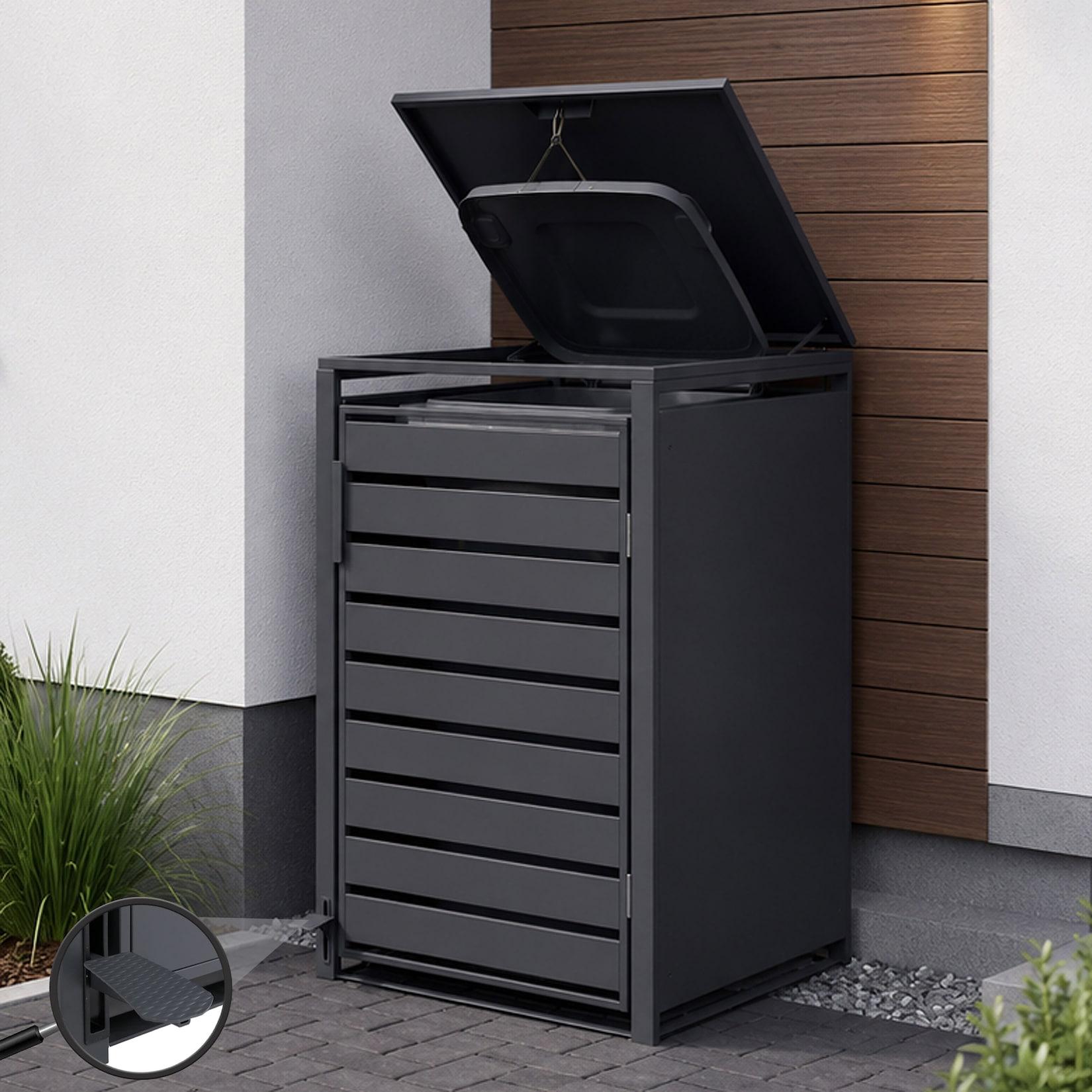 1er-Mülltonnenverkleidung MCW-Q75, Mülltonnenbox Mülltonnenhaus, Deckel Fußpedal Metall 116x68x89cm 35kg ~ anthrazit