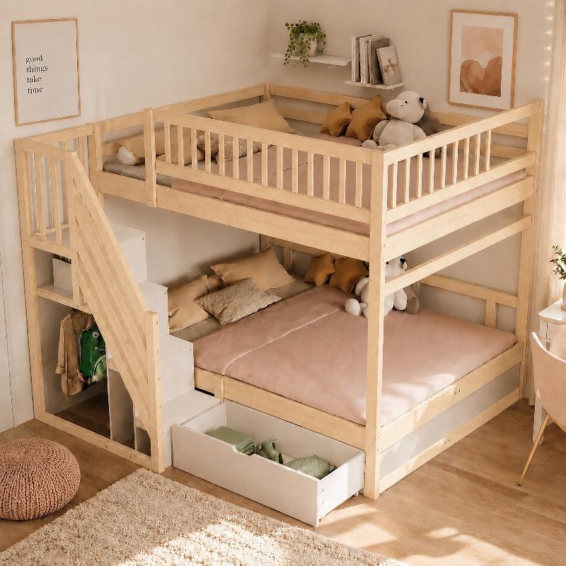 Massivholz Etagenbett 140x200cm mit hohem Sicherheitsgitter, Lattenrost, Sicherheitsleiter mit Stauraum und Stauschubladen in Holzfarbe