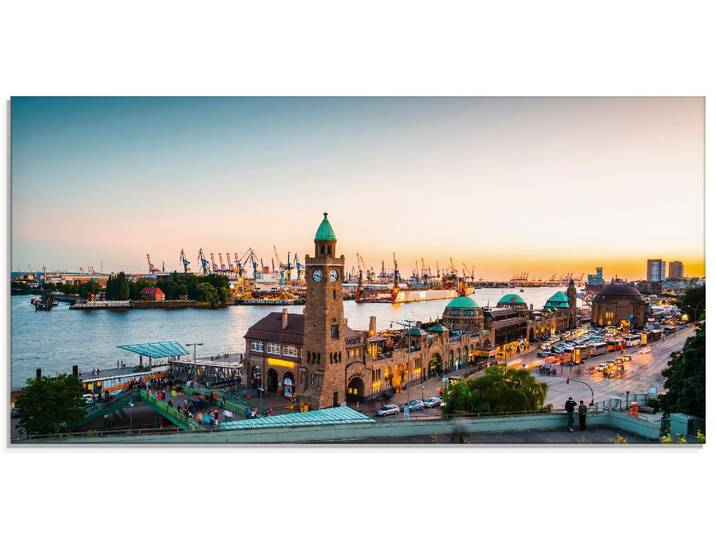 Glasbild ARTLAND Hamburg Hafen und Landungsbrücken , beige (farbe bild(er): naturfarben), B:100cm H:50cm, Bilder, Glasbild, in verschiedenen Grössen